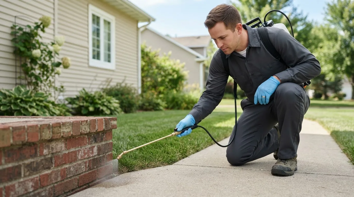 Pest control technician treating a home near New Burnside, IL