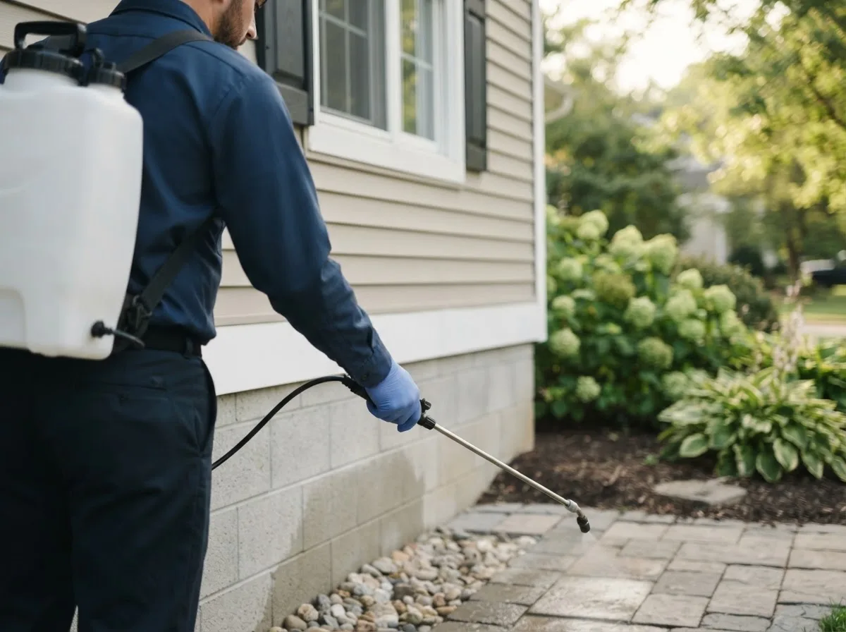 Pest control technician inspecting a home in New Burnside, IL